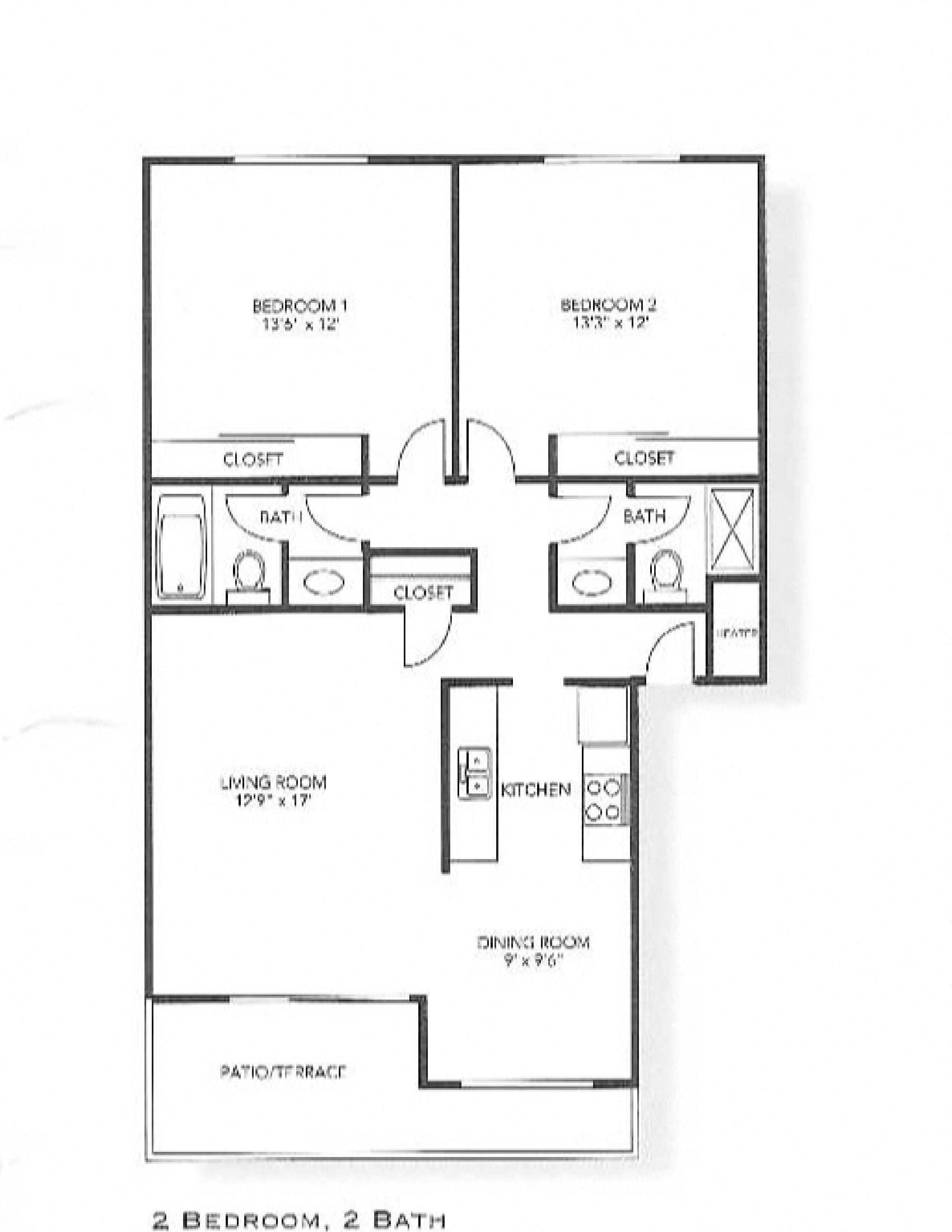 Floor plan for 2 beds, 2 baths, 1020 sqft